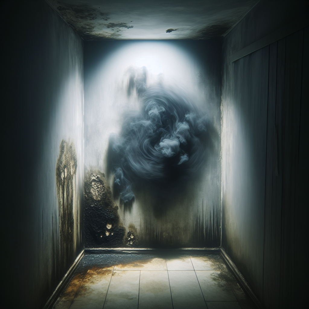 A dimly lit, slightly damp bathroom corner with visible patches of dark mold on the wall and ceiling. A distinct, swirling grey-brown mist emanates from the mold, visually representing a heavy, musty, unpleasant odor that fills the air, creating a feeling of discomfort. Atmospheric, realistic photo.