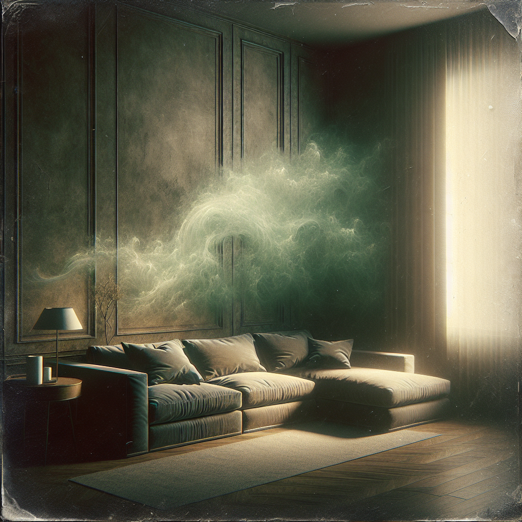 A subtly unsettling image of a cozy but slightly neglected living room corner, where a faint, greenish-brown, ethereal mist gently emanates from behind a large sofa or a wall, subtly suggesting a hidden musty odor. The light is dim, casting a somewhat melancholic atmosphere. Realistic, atmospheric, high detail.