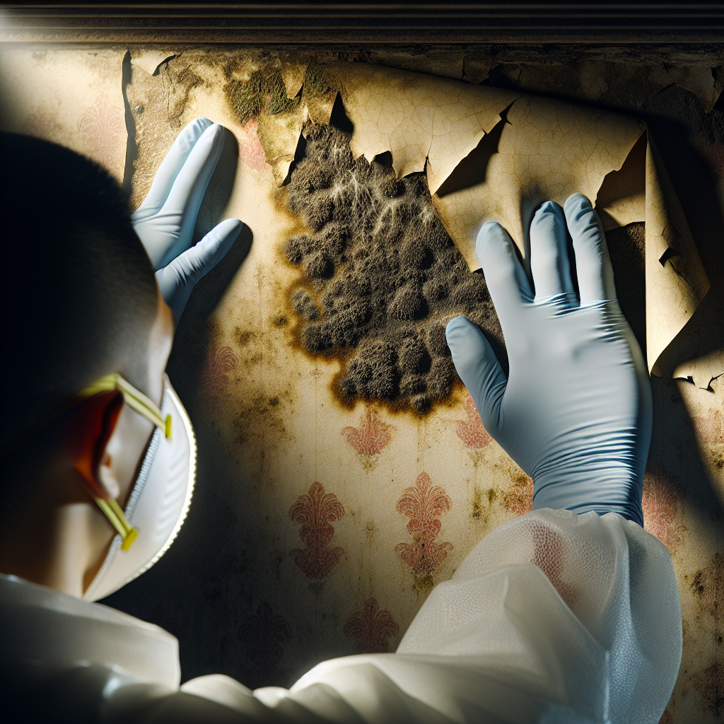 A close-up of a person, wearing protective gloves and a simple face mask, carefully peeling back a corner of old wallpaper in a dimly lit, slightly damp-looking room. A small, dark, and textured patch of mold is subtly visible underneath the lifted wallpaper. The person's hand is focused, suggesting inspection and discovery. Realistic, slightly industrial feel, soft natural light.