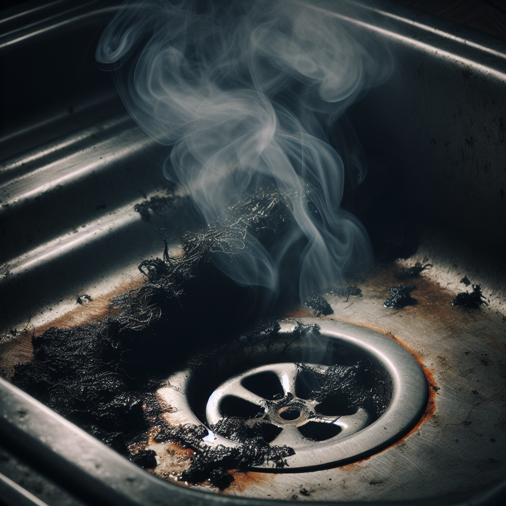 A close-up, slightly unsettling view of a kitchen sink drain, with dark grime accumulating around the edges and a subtle, unpleasant misty vapor rising from within, suggesting a foul, moldy odor. The scene has a slightly dim, problematic atmosphere. Realistic photography.