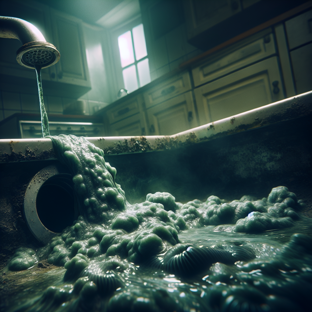 A visibly unpleasant, musty, and moldy green-grey gas emanating from a kitchen sink drain, filling the air above it. The scene has a slightly unhygienic and dark atmosphere, conveying a bad smell. Realistic photography style.