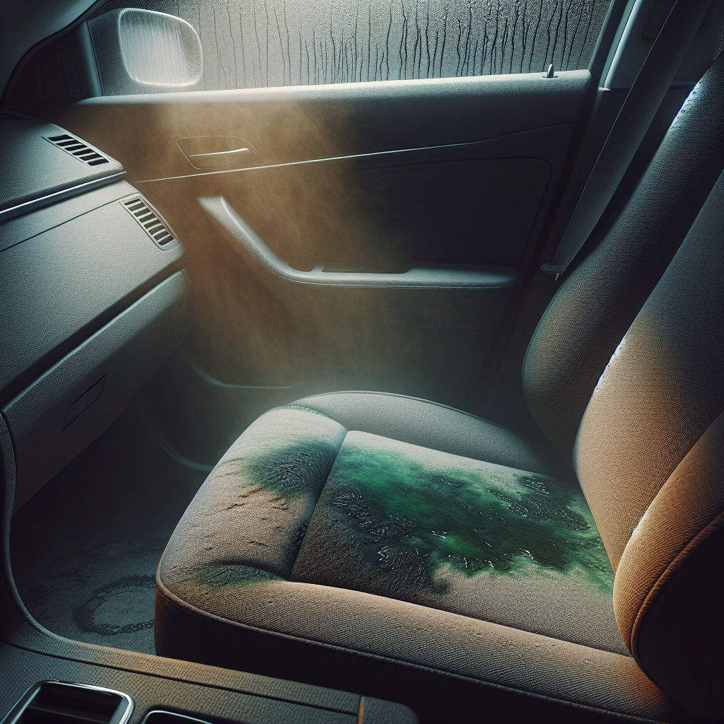 A detailed, slightly moody image of a car interior with a noticeable musty atmosphere. Subtle visual cues like a slightly fogged window from moisture, or a dark, damp patch on the fabric seat/carpet. There might be a hint of greenish discoloration in a shadowy corner, suggesting hidden mold. The overall impression should be unpleasant and neglected, emphasizing the 'Schimmelgeruch Auto' problem. Realistic, high resolution, soft light, slightly desaturated colors.