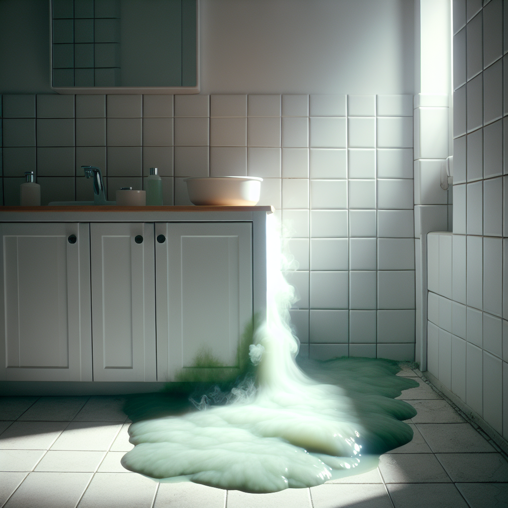 A subtly unsettling photo of a clean-looking but slightly damp bathroom. A faint, greenish-grey, wispy odor is visibly emanating from a barely visible crack in the grout between white tiles or from behind a vanity, hinting at hidden mold. The atmosphere is quiet but carries a sense of unpleasantness. Natural light filtering in, but the corners are slightly shadowed, enhancing the mystery of the source. Realistic, slightly moody.