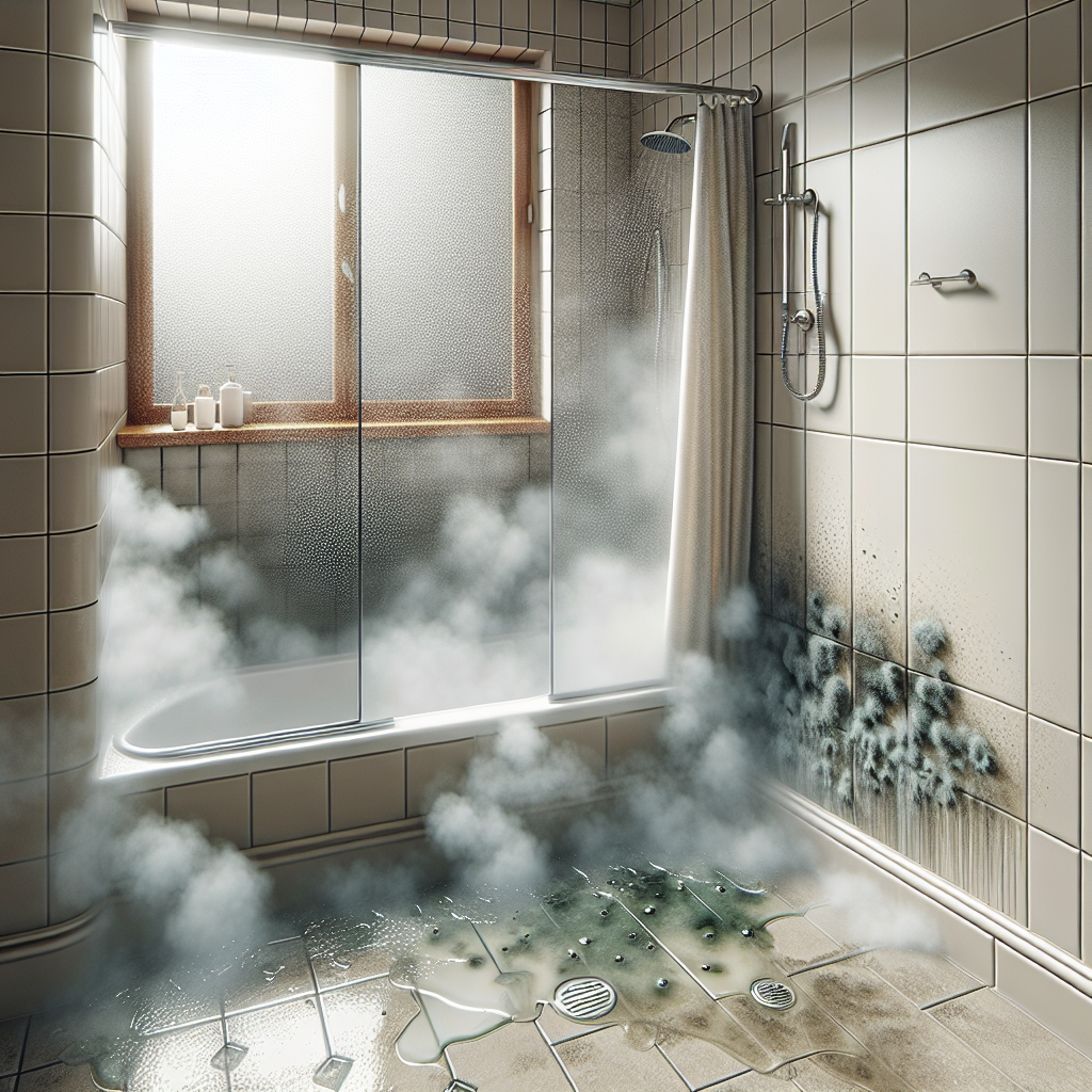 A high-angle, detailed shot of a steamy bathroom after a shower, illustrating common mold causes. Condensation visibly coats the mirror and window. Water droplets cling to a shower curtain or wall tiles. A subtle hint of green or black mold is visible along the silicone sealant of the shower tray or in a dark corner near the floor. A closed window or a lack of an obvious ventilation fan emphasizes poor air circulation. Realistic, clear, and informative.