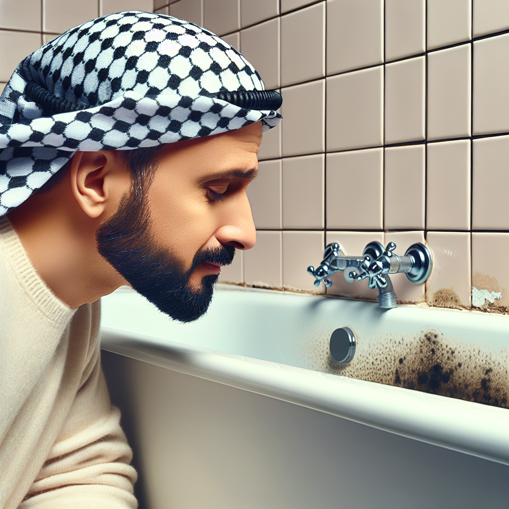 Realistic photo of a person subtly wrinkling their nose and sniffing near a white bathtub. The bathroom environment is slightly damp, with a visible, small patch of black mold on the silicone caulk between the tub and the wall. The mood is one of slight discomfort and an unpleasant smell. High resolution, natural light.