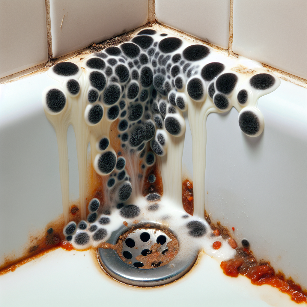 Extreme close-up macro photo of dark black mold spots growing on white silicone caulk between a bathtub and a tiled wall. The adjacent bathtub drain shows some grime and slightly slimy reddish-brown deposits. The image should evoke a sense of unhygienic conditions and moisture. Sharp focus on the mold.