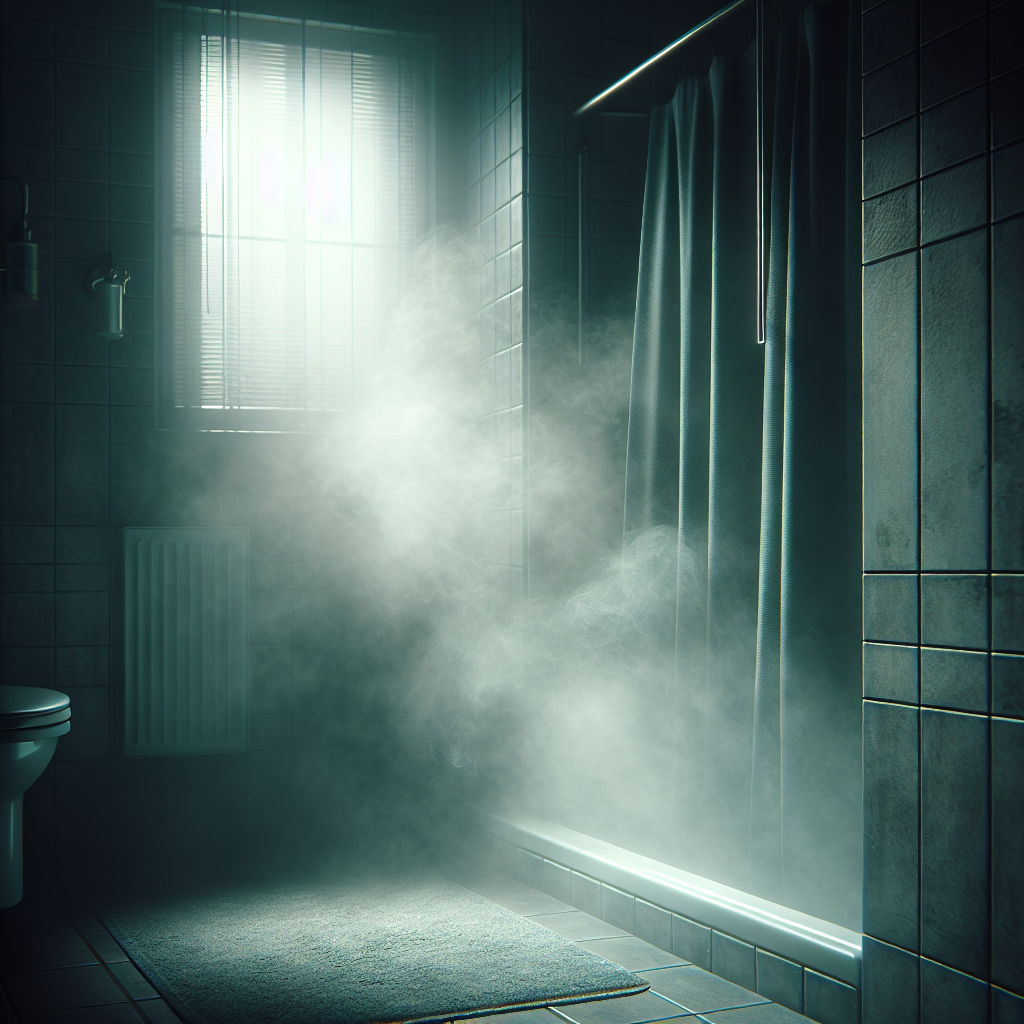 Ein leicht feuchtes Badezimmer, aus dessen Duschbereich oder von einem feuchten Handtuch ein subtiler, gräulich-grüner Dunst oder 'Geruch' aufsteigt. Die Atmosphäre ist leicht beklemmend und muffig, im Stil eines realistischen Fotos mit atmosphärischem Licht, das die unangenehme Präsenz des Geruchs unterstreicht.