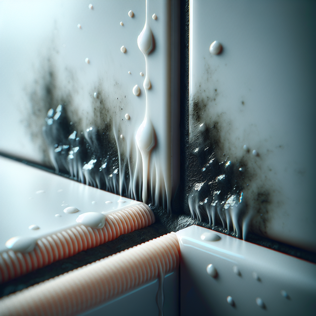 Nahaufnahme von Badfliesen und Silikonfugen, auf denen sich Kondenswasser oder Wassertropfen gebildet haben. Im Hintergrund deutet sich dunkel und unscharf eine Verfärbung oder ein Schatten an, der auf versteckte Feuchtigkeit oder Schimmel hinter den Fliesen hinweist. Fokus auf Detail und Textur, realistische Fotografie.