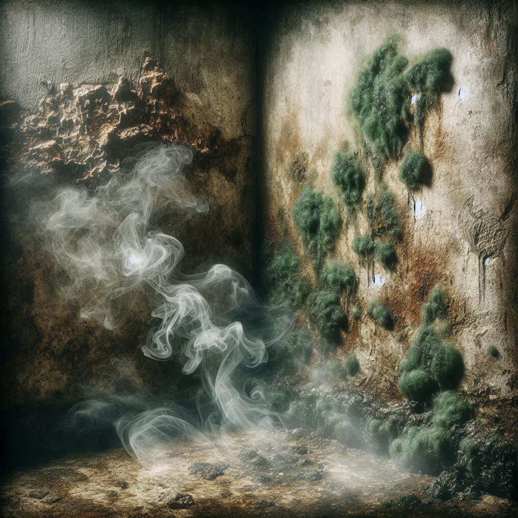 A realistic and atmospheric depiction of a dark, damp basement corner. On the concrete wall, a visible patch of green and black mold. From the mold, a subtle, swirling, slightly greenish-brown mist rises and spreads, visually representing a heavy, musty, earthy, and modrig smell that creates an oppressive and unpleasant atmosphere.