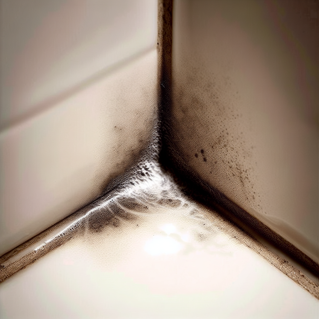 A close-up, realistic shot of a bathroom corner near the base of a shower or bathtub. Subtle traces of dampness and a small, discreet patch of mold are visible on the grout or silicone. From this area, faint, wavy lines or a subtle, almost invisible 'heat haze' rises, visually symbolizing the distinct, dumpf and feucht smell in the air, evoking a sense of discomfort.