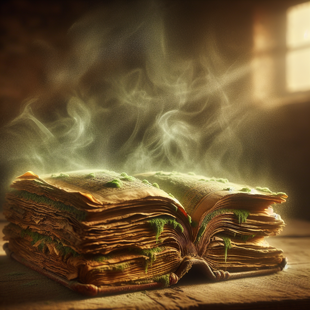 A close-up shot of an old, slightly damp-looking book, open on a dusty wooden surface. Faint, ethereal green wisps of unpleasant odor are visibly emanating from its yellowed pages. The background is softly blurred, suggesting a dimly lit, slightly neglected attic or basement, emphasizing the antique texture of the paper and the general feeling of age and mustiness. Cinematic lighting, realistic photo.