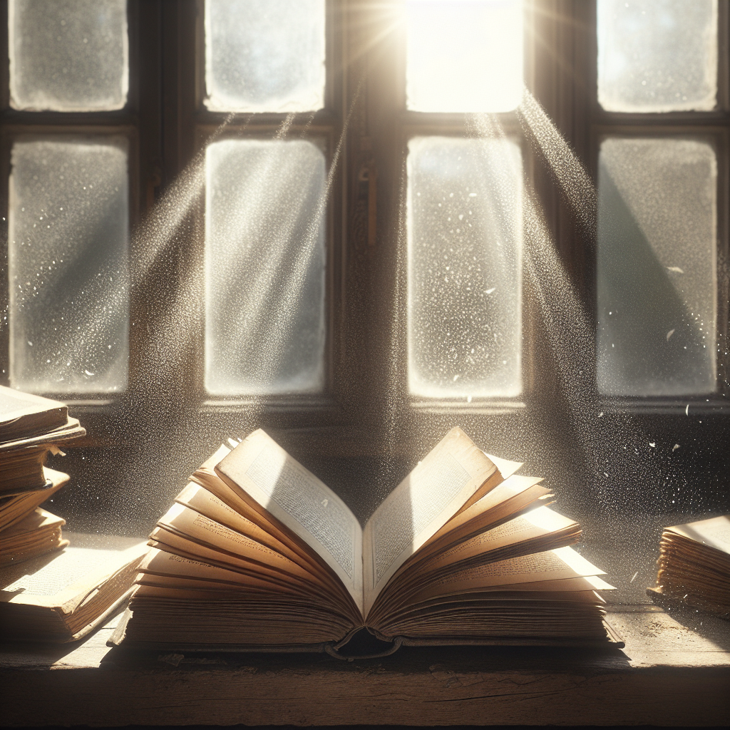 Several old, open books with their pages gently fanned out, placed carefully on a clean, dry windowsill under bright, natural sunlight. Dust motes are visible dancing in the golden rays of light, creating a fresh and clean atmosphere. A gentle breeze seems to subtly rustle the pages. The scene evokes a feeling of restoration, cleanliness, and hope. Focus on the warm, inviting light and the delicate texture of the book pages. Realistic photo, bright and hopeful mood.