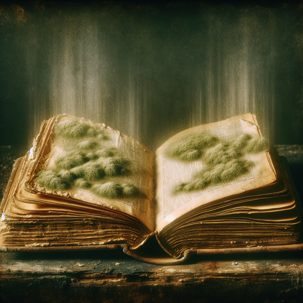 A close-up of an old, worn book with slightly yellowed pages, partially open on a dark, textured surface. A subtle, hazy green-brown mist visually emanates from the pages, representing a musty, moldy smell. The atmosphere is slightly dim and aged, conveying neglect. Realistic, detailed photography.