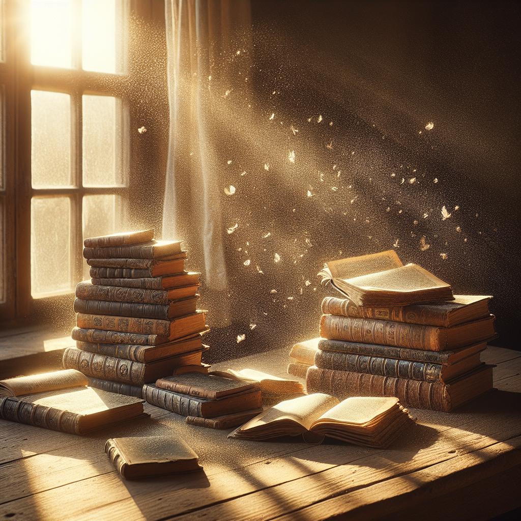 A collection of several old books, some gently open, basking in bright, natural sunlight on a clean wooden windowsill or table. A gentle breeze is suggested, with soft light particles dancing in the air. The overall mood is fresh, airy, and hopeful, symbolizing the removal of unpleasant odors. Realistic, clean photographic style.