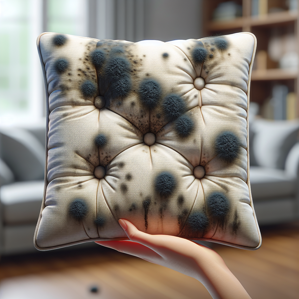 A close-up shot of an upholstered couch cushion with subtle, dark, slightly blurred patches indicating mold growth. A sense of dampness and neglect is conveyed. The background is a slightly out-of-focus living room. Realistic photo style, slightly desaturated colors to emphasize the issue.