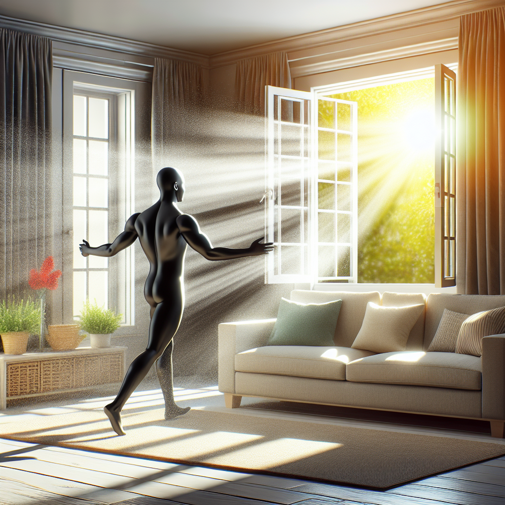 A bright, airy living room where a person is opening a large window wide, allowing sunlight and fresh air to stream in, illuminating a comfortable upholstered sofa. The sofa looks clean and well-maintained. The atmosphere is fresh and clean. Realistic photo style, bright and inviting colors.
