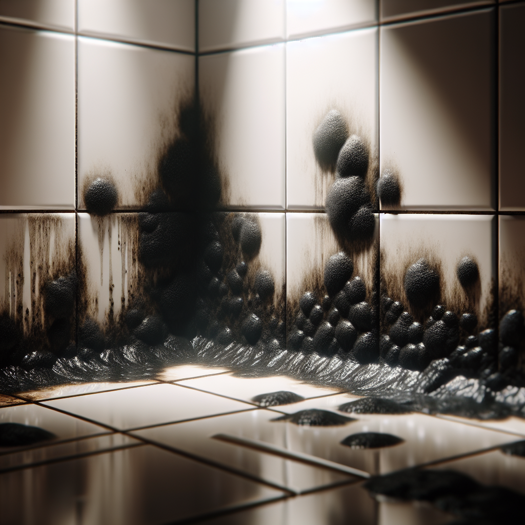 Close-up of dark black mold growing on the white grout lines between ceramic tiles in a neglected shower, creating an unpleasant and musty atmosphere. The lighting is dim, highlighting the dampness and grime.
