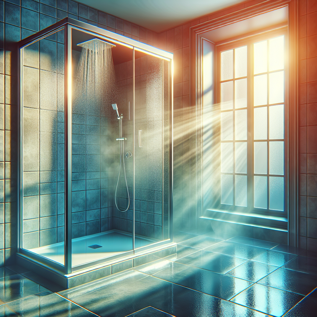 A bright, sparkling clean, and modern shower cabin. Sunlight streams through a slightly open window, illuminating the fresh, airy atmosphere. The tiles are pristine, the glass is spotless, and a subtle hint of steam dissipates, conveying a sense of cleanliness and good ventilation.