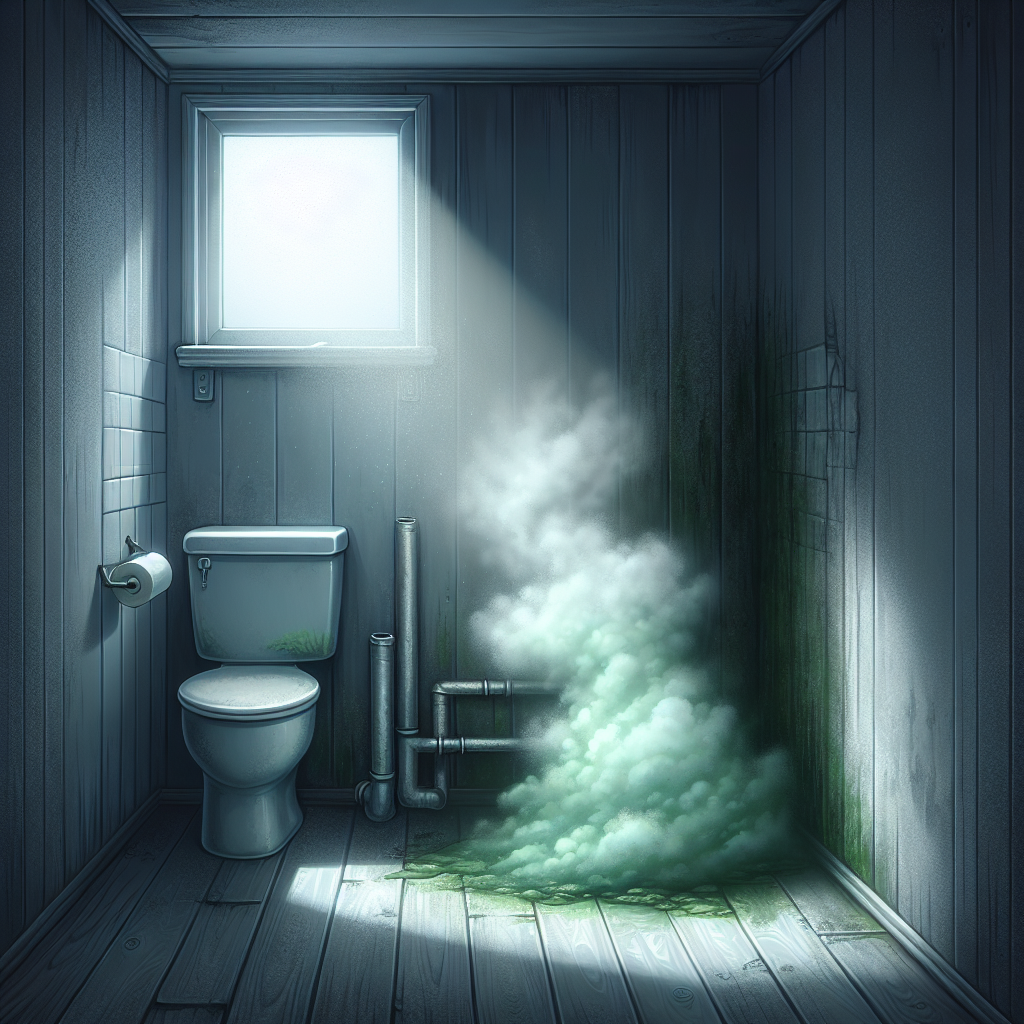 A dimly lit, slightly damp room corner, possibly a bathroom or basement, with a visible, unpleasant, musty grey-green odor cloud subtly wafting from a hidden area, symbolizing a persistent mold smell. The atmosphere is stale and unwelcoming. Realistic, detailed.