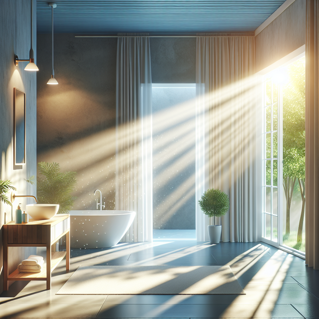 A bright, airy, and impeccably clean room, possibly a bathroom or living area, with an open window allowing a stream of warm sunlight and fresh air to flood the space. The scene evokes a strong sense of freshness, cleanliness, and the successful removal of bad odors. Realistic, inviting atmosphere.