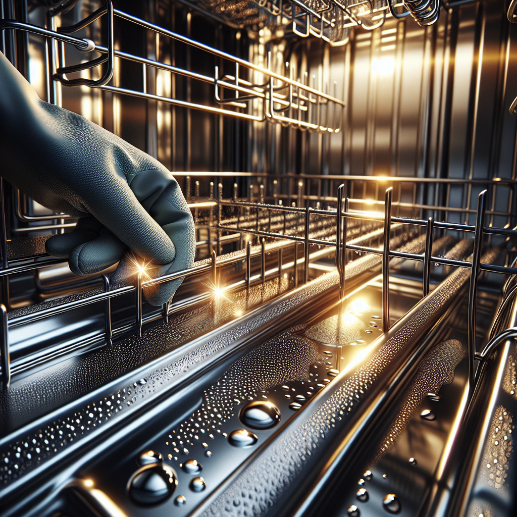 A sparkling clean dishwasher interior, with shining stainless steel and immaculate rubber seals around the door. Water droplets glisten on the surfaces, indicating freshness. A human hand, wearing a cleaning glove, is gently wiping a detail inside, emphasizing hygiene and maintenance. Bright, inviting light, high detail, a sense of fresh cleanliness.