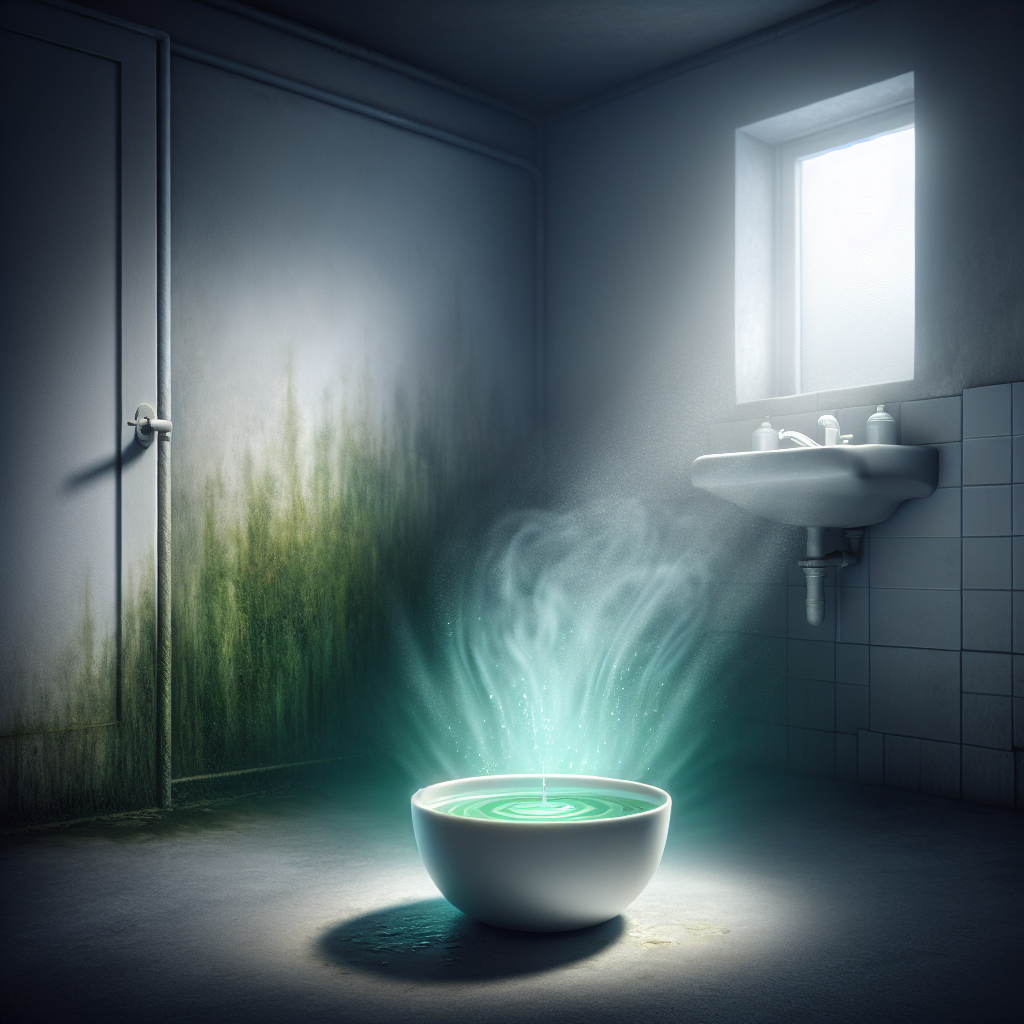 A slightly dark, damp corner of a domestic room (e.g., bathroom or utility room), with a subtle, musty green haze emanating from a hidden crevice, symbolizing mold odor. In the foreground, a simple ceramic bowl filled with white vinegar is placed, emitting a faint, clean light that begins to dissipate the haze. The overall mood should be realistic, conveying a transition from an unpleasant smell to emerging freshness.