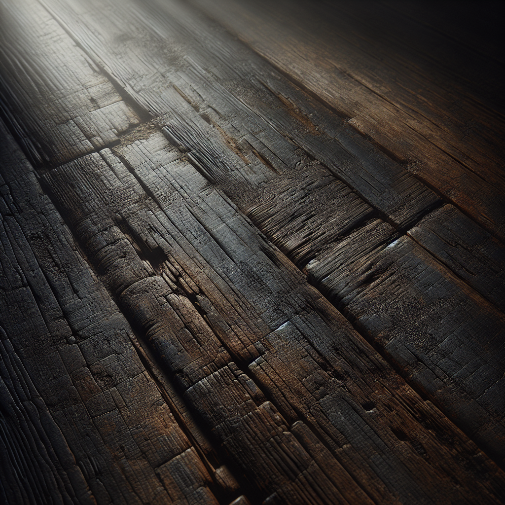 A close-up of an old, dark wooden surface, like a piece of furniture or floorboard, showing subtle signs of moisture or slight discoloration, with a faint, musty, unpleasant aura of mold smell subtly visualized as hazy air. The image conveys a sense of decay and a problem needing resolution. Realistic, natural lighting, high detail.