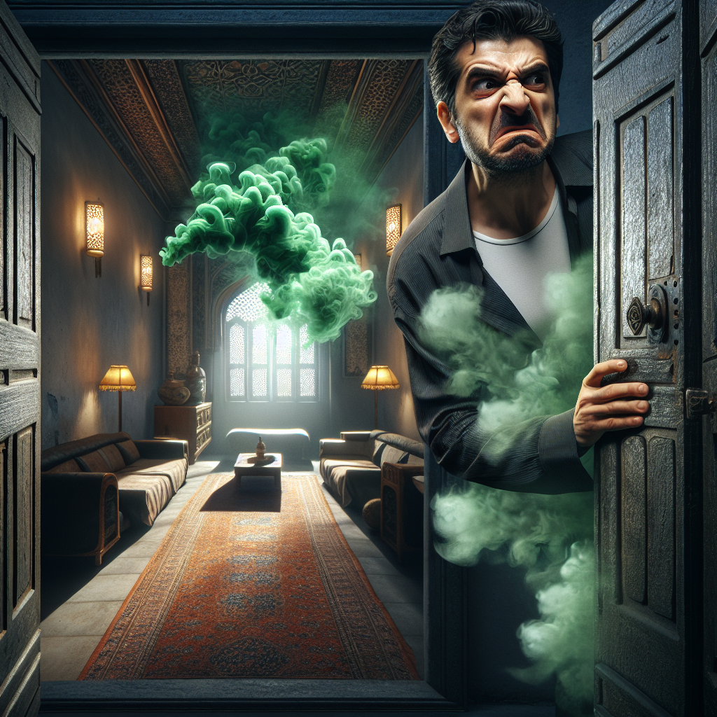 A person, looking visibly dismayed and slightly recoiling, opens the door to a dimly lit, slightly dated hotel room. An invisible wave of unpleasant, musty air seems to hit them, visually represented by subtle, dark green wisps in the air. The room suggests neglect and a bad smell. Realistic, cinematic, wide shot.