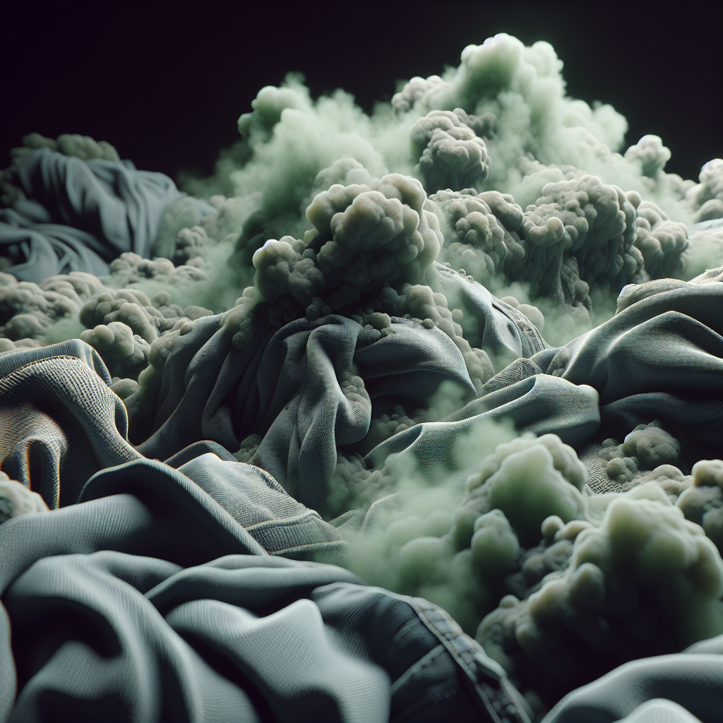 A close-up of a pile of slightly damp, wrinkled clothes in muted, slightly discolored tones. A faint, greenish-grey, unpleasant odor cloud visibly emanates from the fabric, symbolizing mold smell. The setting is slightly dim, conveying a sense of dampness and neglect. Realistic, photo quality.