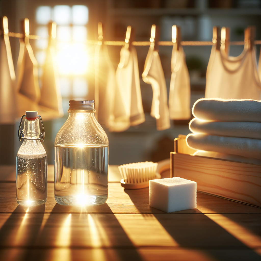 A brightly lit scene showcasing fresh, clean, white laundry neatly folded or hanging to dry, bathed in warm sunlight. In the foreground, a bottle of white vinegar and a small open box of baking soda are clearly visible, symbolizing natural cleaning solutions. The overall atmosphere is fresh, clean, and inviting. High-quality photography.