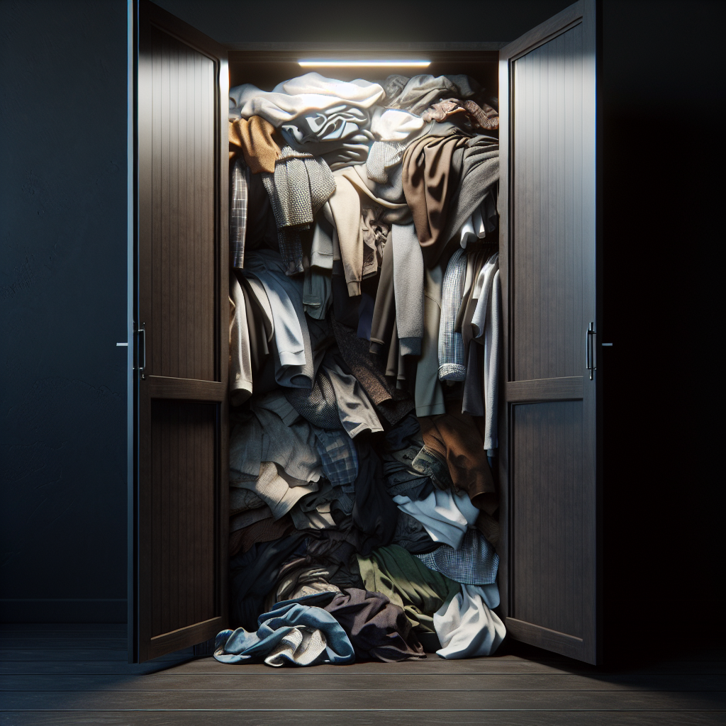 A slightly open wardrobe filled with clothes, with a visible, subtle waft of unpleasant, musty odor subtly emanating from its dark interior. The scene conveys a sense of stale, unpleasant air, suitable for a blog article. High quality photo, realistic style.