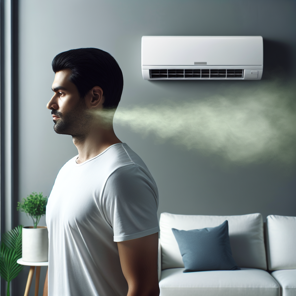 A modern room interior with a white wall-mounted air conditioning unit. A subtle, slightly greenish-grey, unpleasant mist or vapor is visibly emanating from the AC vent, suggesting a bad smell. A person in the background is subtly wrinkling their nose or showing a slight frown, indicating detection of the unpleasant odor. The overall atmosphere is clean but with a hint of something off.
