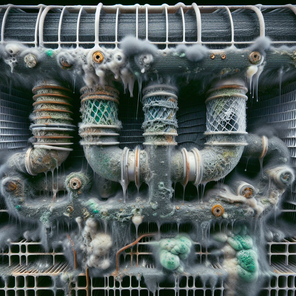 Extreme close-up, cutaway view of the internal components of an air conditioning unit, specifically focusing on the evaporator coils and a dirty air filter. Show intricate details of condensation droplets, grime, and distinct, fuzzy patches of green and black mold growing on the metal fins and filter material. The image should clearly convey dampness and unhygienic conditions.