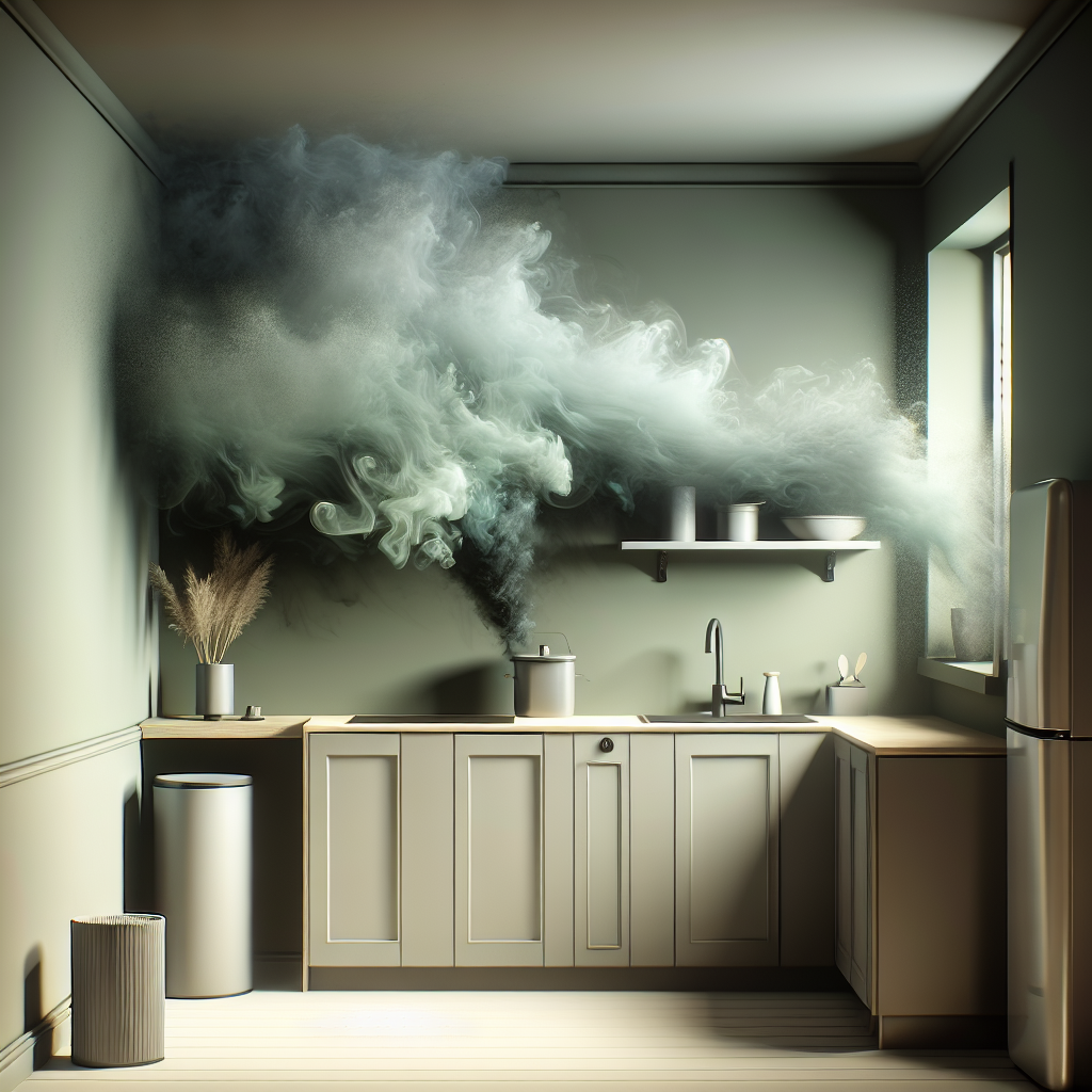 A modern kitchen setting, with a subtle, almost invisible wispy, greenish-gray vapor or haze emanating from a dark corner near the sink, representing an unpleasant, musty 'moldy smell'. The overall atmosphere should feel slightly damp and unwelcoming, without showing explicit mold patches. Focus on the feeling of an unseen odor.