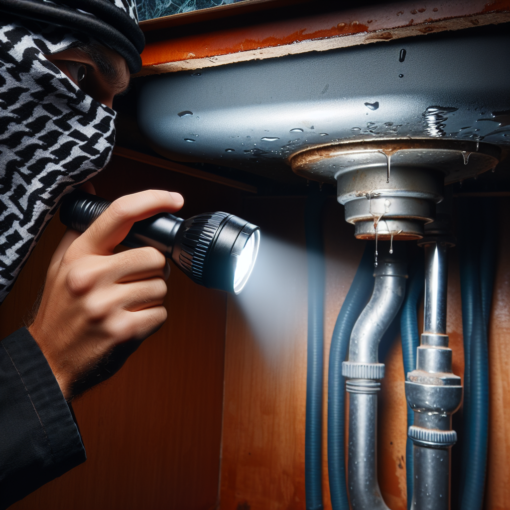 Close-up of a person's hand holding a flashlight, peering into the dark, damp space under a kitchen sink. Visible pipes and the underside of the sink cabinet show subtle signs of moisture or a small, hidden water leak. The background of the kitchen is softly blurred, emphasizing the act of searching for the source of a problem.