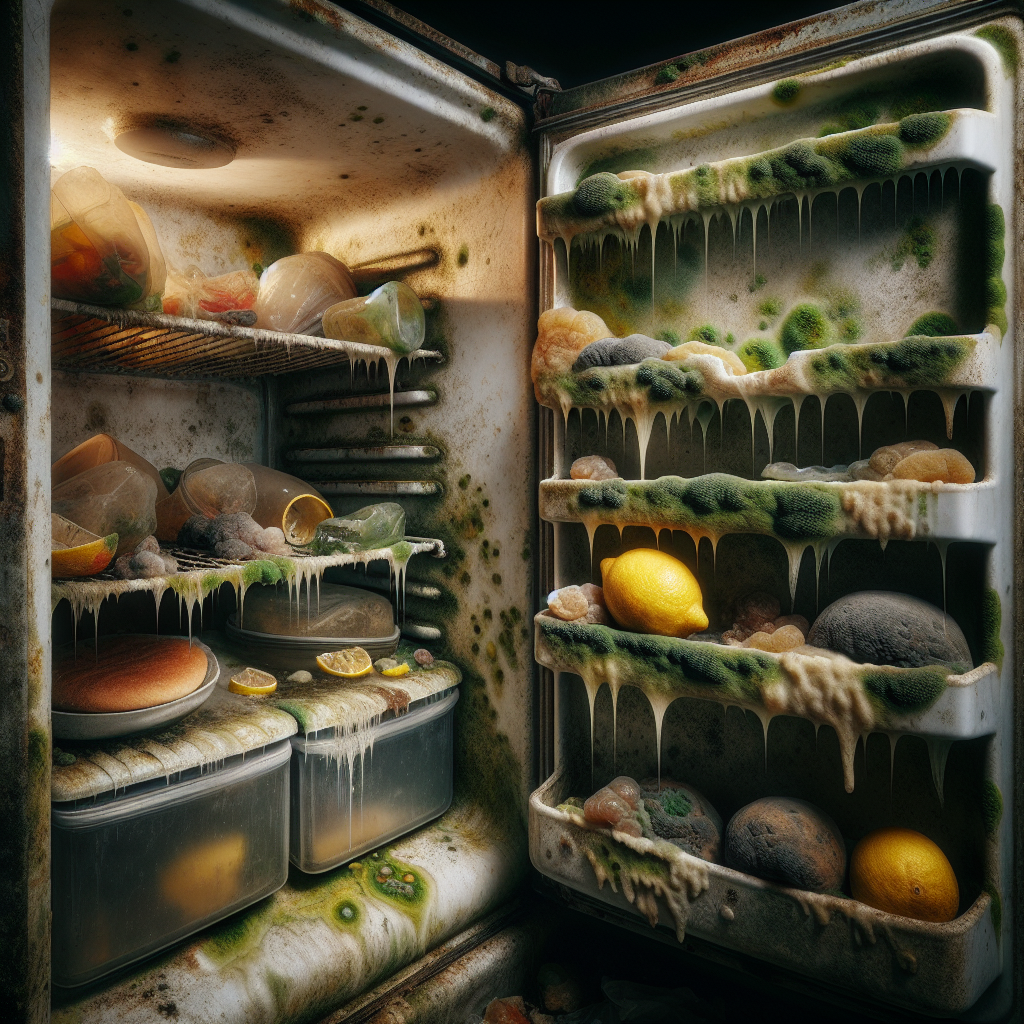A close-up, slightly dark and unpleasant view inside an old refrigerator, showing distinct patches of green and black mold on the interior walls and along the rubber door seal. There are a few forgotten, visibly spoiled food items like a moldy lemon or wilted greens in the background, conveying a strong sense of a bad, musty smell. Realistic, uninviting.
