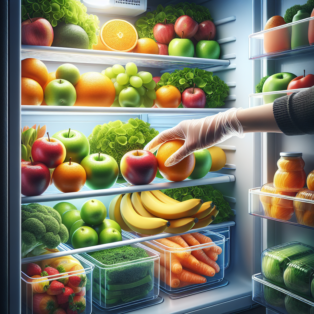 A bright, sparkling clean refrigerator interior, meticulously organized with vibrant, fresh fruits, vegetables, and neatly arranged transparent containers. A gloved hand is gently wiping down a pristine shelf, emphasizing hygiene and a fresh, inviting atmosphere. Soft, natural light illuminates the scene, making it feel clean and new.