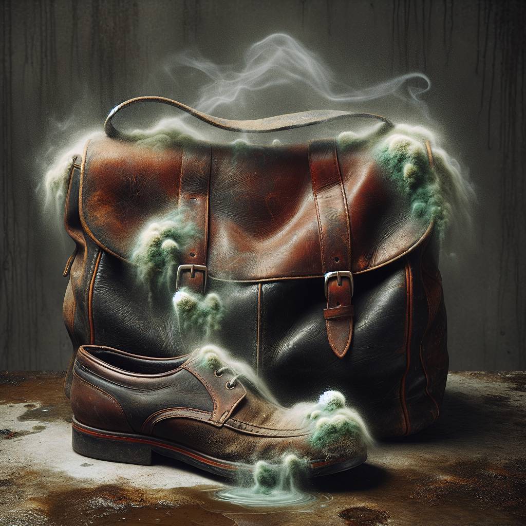 A close-up of a vintage, dark brown leather shoe or bag, showing subtle white mold patches on its surface. A faint, greenish, wavy odor cloud visibly rises from the leather, suggesting a musty, unpleasant smell. The background is slightly dark and damp, emphasizing the problem. Realistic style.