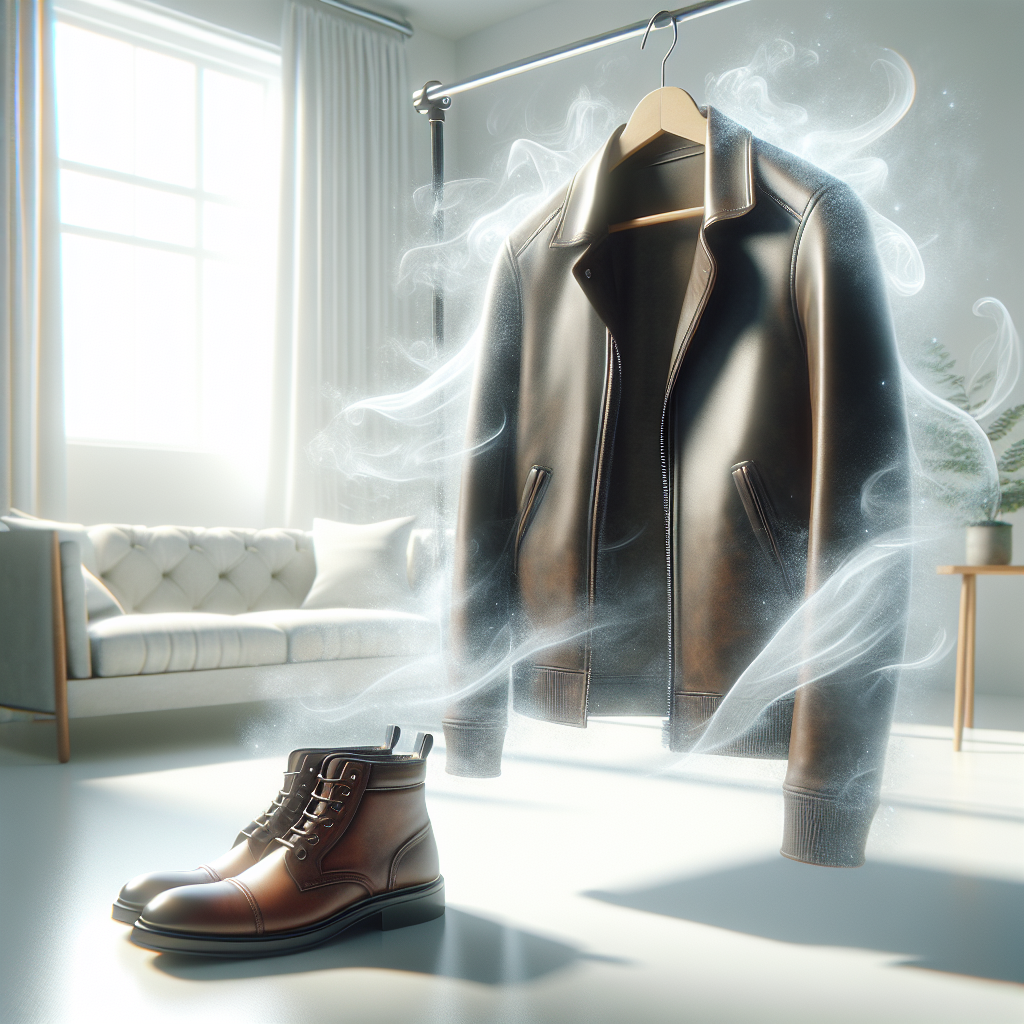 A stylish, clean, and well-maintained leather jacket or a pair of leather boots, hanging or placed in a bright, airy room with soft natural light. Delicate, clear wisps of air subtly surround the item, symbolizing a fresh and clean scent. The background is minimal and bright, suggesting proper ventilation. Realistic, clean aesthetic.