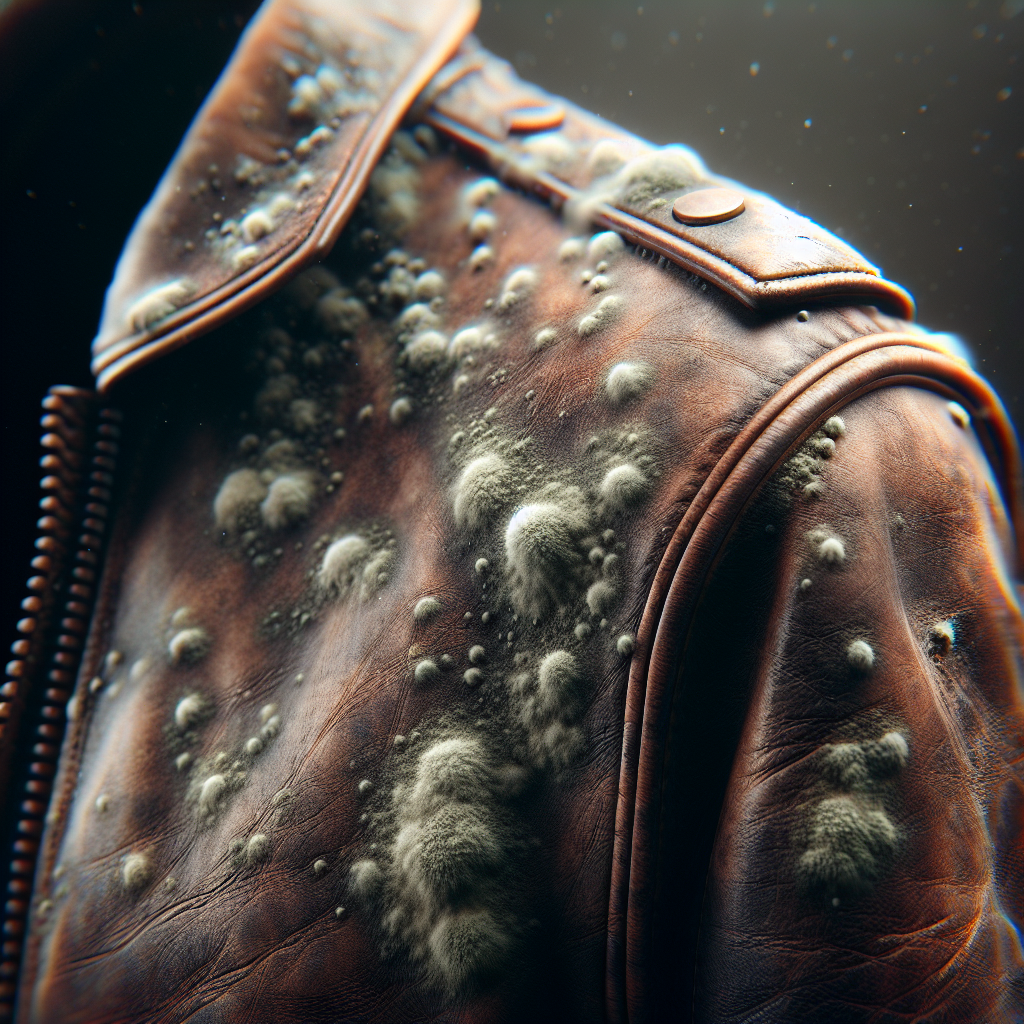 A close-up, detailed shot of a section of a vintage, dark brown leather jacket, clearly showing subtle patches of white and light green mold spots on its surface. The background is softly blurred, hinting at a dimly lit, damp environment. The image should convey a sense of neglect and the unpleasantness associated with mold. Realistic, high-resolution photography style.