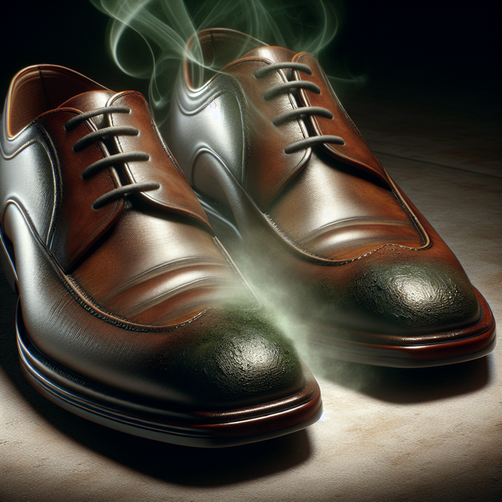 A close-up of a pair of elegant brown leather shoes, looking slightly damp with subtle visual cues of a musty, moldy odor emanating as a faint, wispy, green-tinged mist. The shoes are placed in a dimly lit, slightly humid setting, emphasizing the unpleasant smell. Realistic photo, high detail, studio lighting.