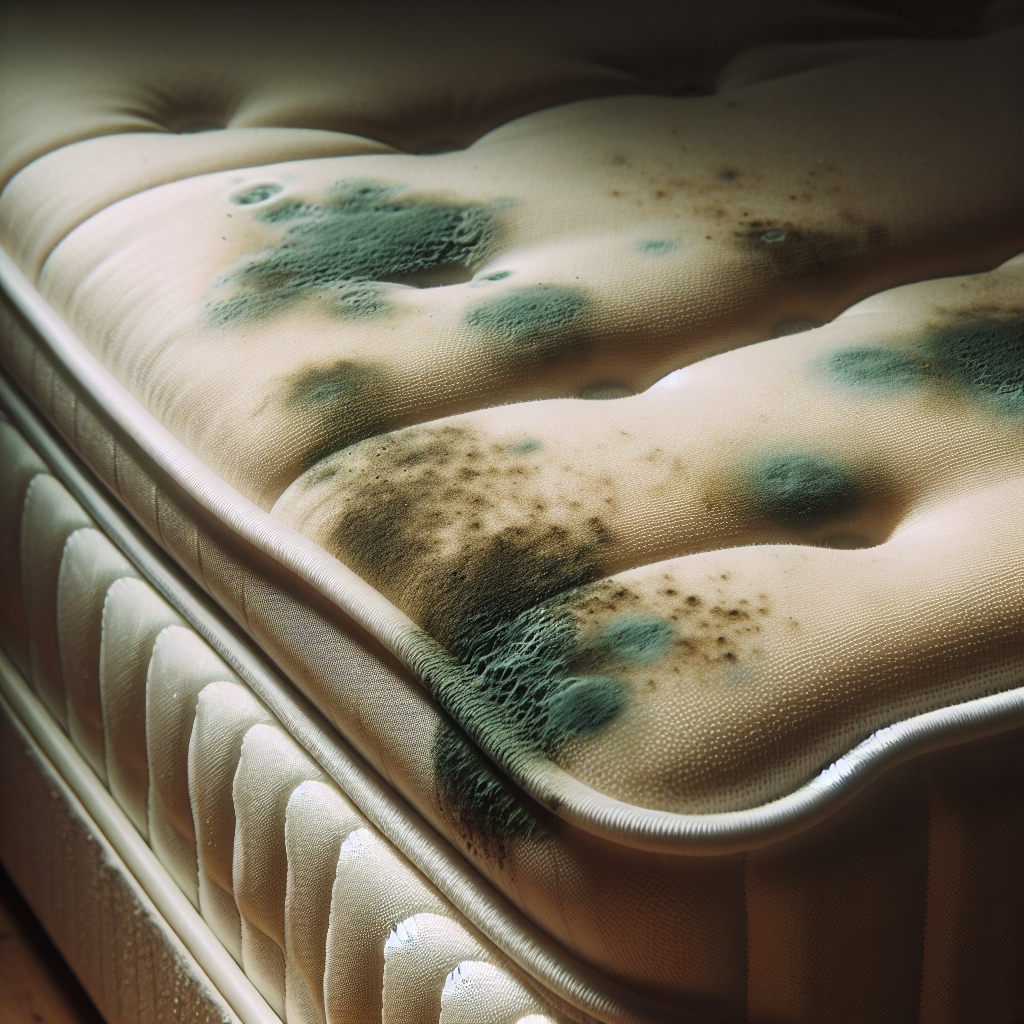 A close-up shot of a beige mattress showing subtle, dark greenish-grey mold spots and discoloration, with a palpable sense of dampness and a musty atmosphere in a dimly lit bedroom corner. The overall feeling should be unpleasant and visually convey an unhealthy environment.