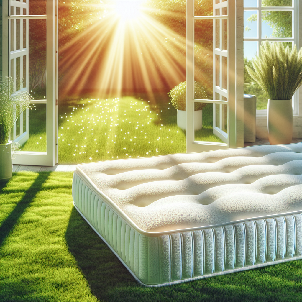 A bright, inviting scene of a clean, white mattress airing out in warm, natural sunlight, either outdoors on a fresh green lawn or positioned by a large open window in a well-ventilated room. Emphasize a feeling of freshness, cleanliness, and healthy sleep, with soft, golden light.