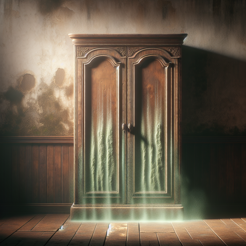 A vintage, dark wooden wardrobe stands in a dimly lit, slightly humid room. A subtle, unpleasant greenish-grey mist or wavy lines emanate from the bottom and back of the wardrobe, symbolizing a strong moldy, musty smell. The walls show a hint of dampness. Photorealistic, moody lighting.