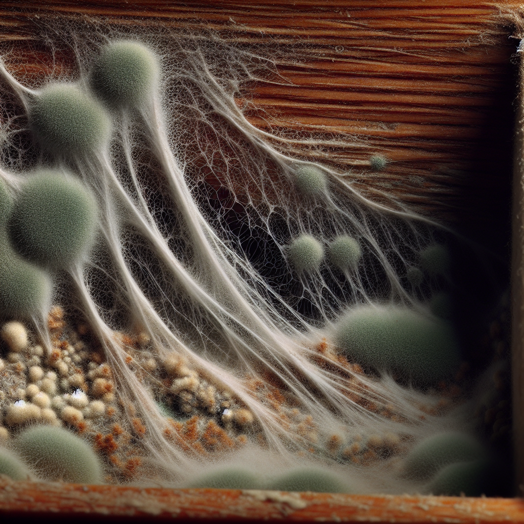 Close-up, slightly macro shot of a hidden corner inside an old wooden drawer or behind a fabric sofa cushion. Faint, fuzzy green and white mold patches are visible on the wood grain or fabric fibers. The texture looks damp and slightly unhealthy. The lighting is soft but reveals the detail of the mold, emphasizing its hidden nature. Unpleasant, realistic detail.