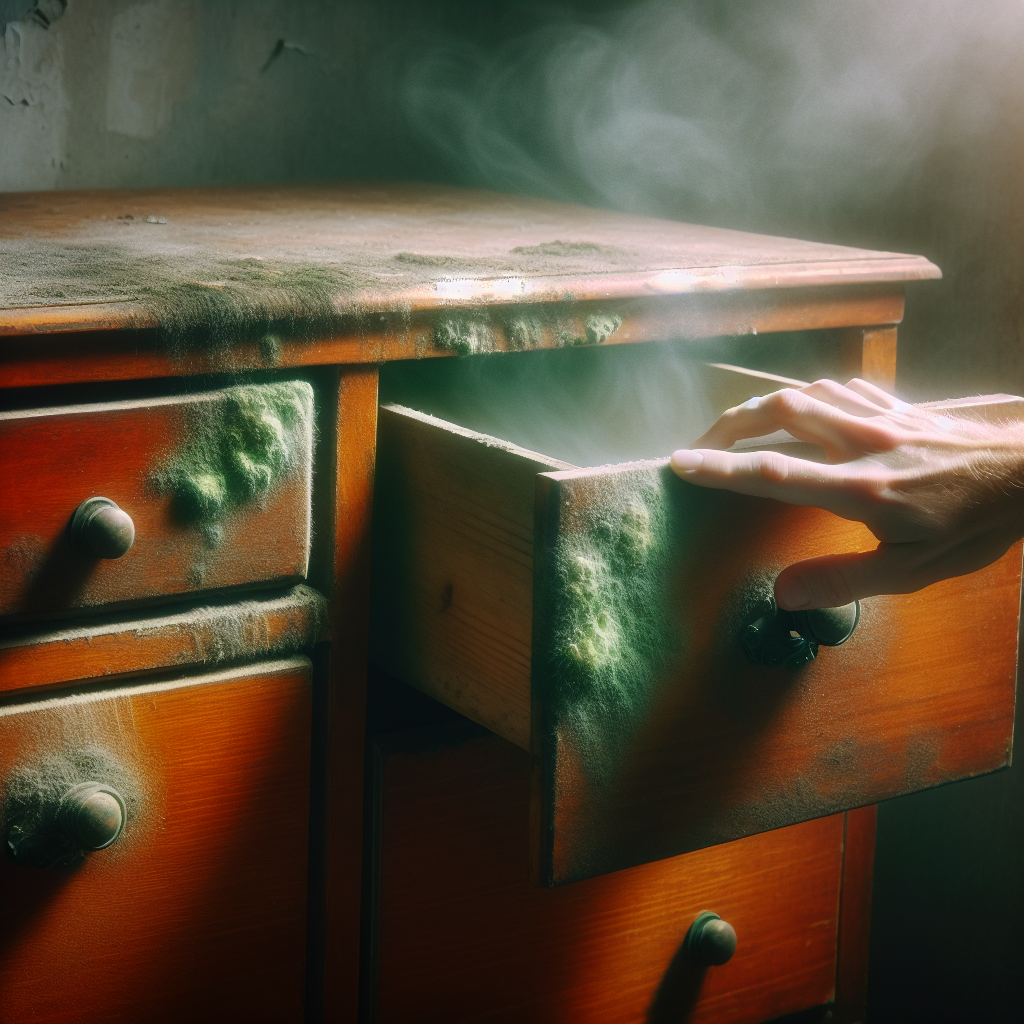 A vintage wooden chest of drawers in a dimly lit, slightly damp room corner. A subtle, almost visible, musty green-grey haze emanates from an opened drawer, hinting at a strong unpleasant mold smell. A hand is reaching into the drawer, expressing slight discomfort. Realistic photo, atmospheric.
