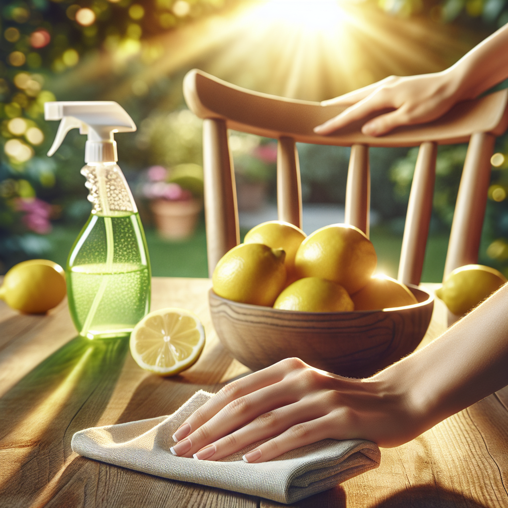A close-up, bright and airy photo of hands gently wiping down a wooden chair outdoors in warm sunlight. A bowl of fresh lemons and a spray bottle are visible nearby on a clean cloth, symbolizing natural remedies. Blurred background of a green garden, evoking freshness and cleanliness.