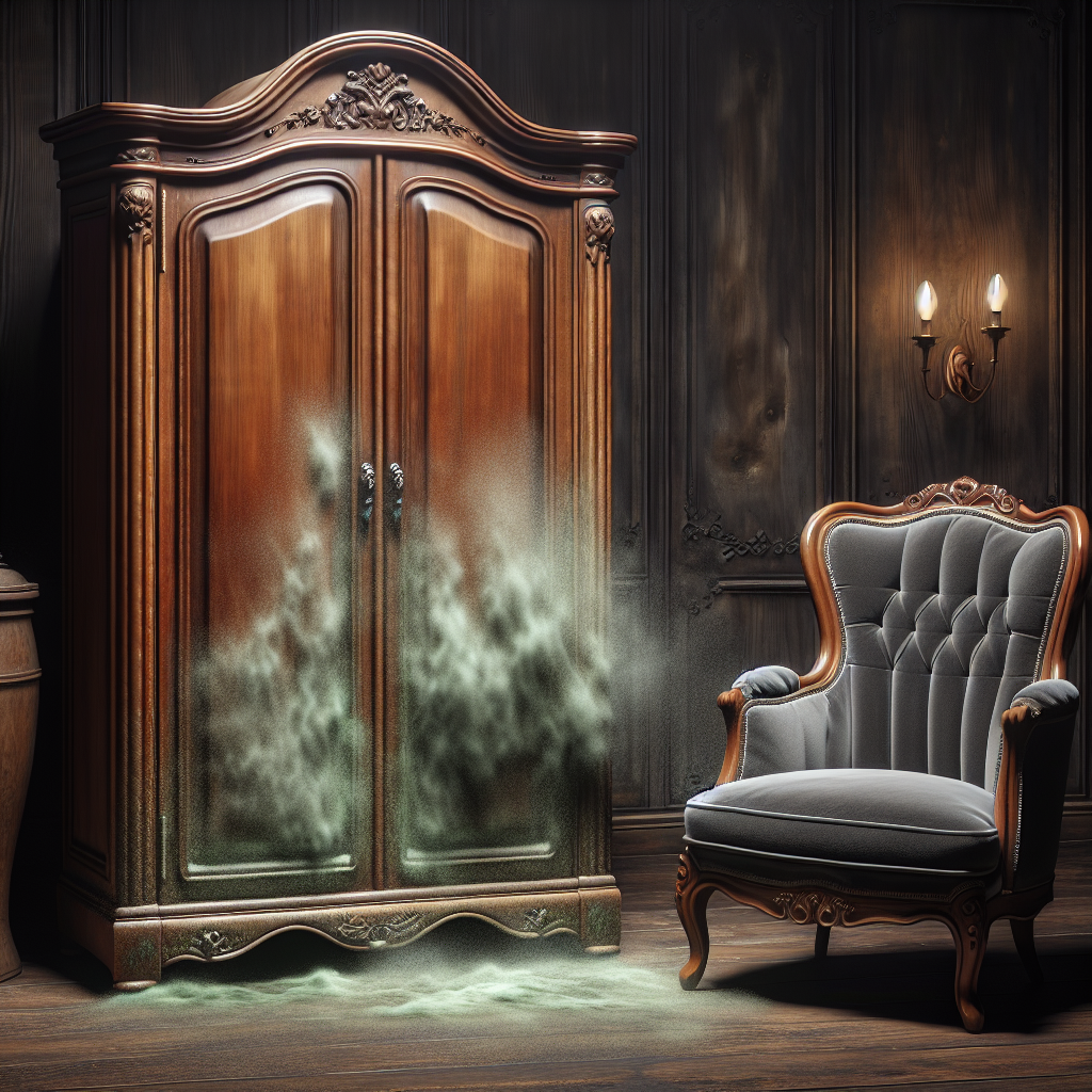 A vintage wooden wardrobe or an upholstered armchair in a slightly dim, somewhat damp-looking room. Subtle visual cues of a musty, unpleasant odor emanate from the furniture, perhaps with faint, ethereal green or grey wisps, giving a sense of mold and neglected dampness. The scene conveys the problem of a persistent, unpleasant smell in old furniture. Photorealistic, moody lighting.