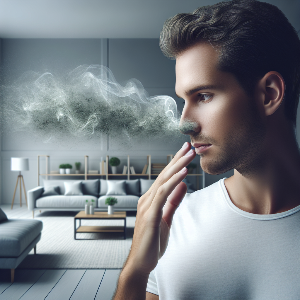 A person with a thoughtful or slightly concerned expression, gently touching their nose, as if detecting an unseen odor. The background is a tidy, well-lit modern living room, but with very subtle, almost translucent, grey-green vapor-like wisps subtly emanating from the person's head, symbolizing a perceived musty, moldy smell. The overall atmosphere is clean, contrasting with the invisible odor. Realistic photo, soft focus on the vapor, natural light.