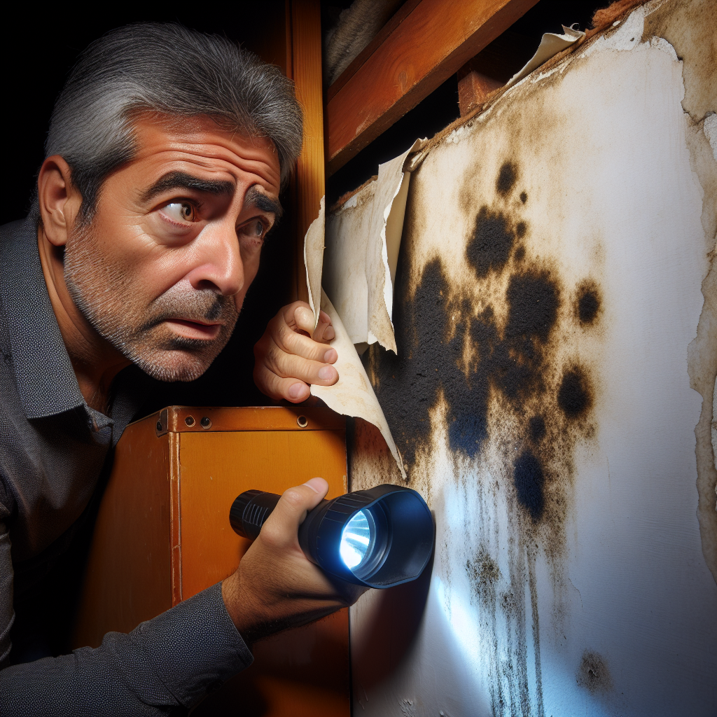 A person cautiously pulling back a section of wallpaper or moving a heavy cabinet in an older, slightly damp-looking room, revealing a patch of dark, visible mold on the wall behind it. The person has a look of mild surprise and concern, holding a flashlight or looking closely. The lighting should be dim in the hidden area, highlighting the mold. Realistic photo style, detailed texture.